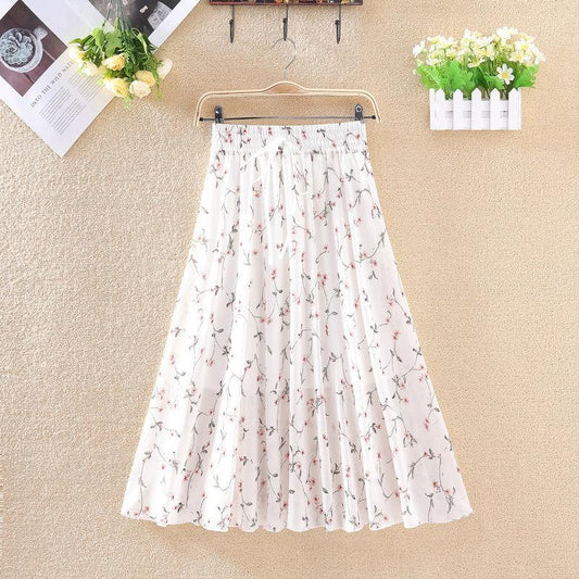 Floral Skirt Women's High Waist Mid-length Summer Fashion Casual Printed Chiffon Skirt