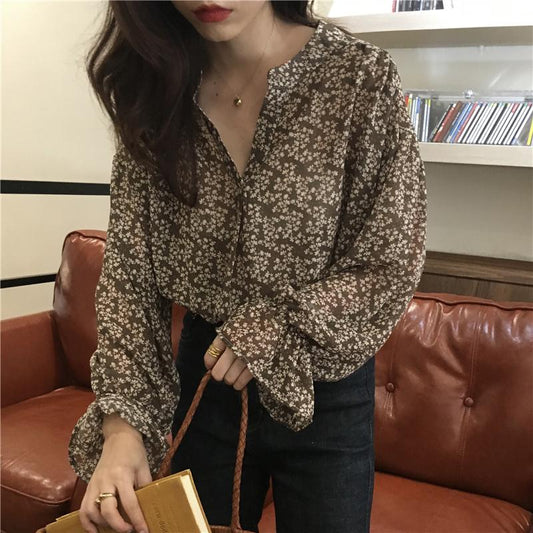 Blouses Women Flare Sleeve Elegant Spring Fashionable Print All-match Ins Chiffon Design Aesthetic Korean Feminino Clothing Chic