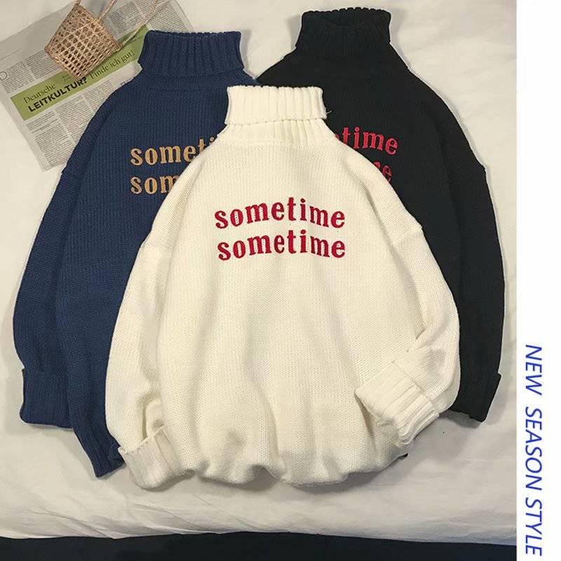 Pofulove Letters Embroidery Turtleneck Sweater Solid Color Female Loose Autumn Winter Couple Sweater