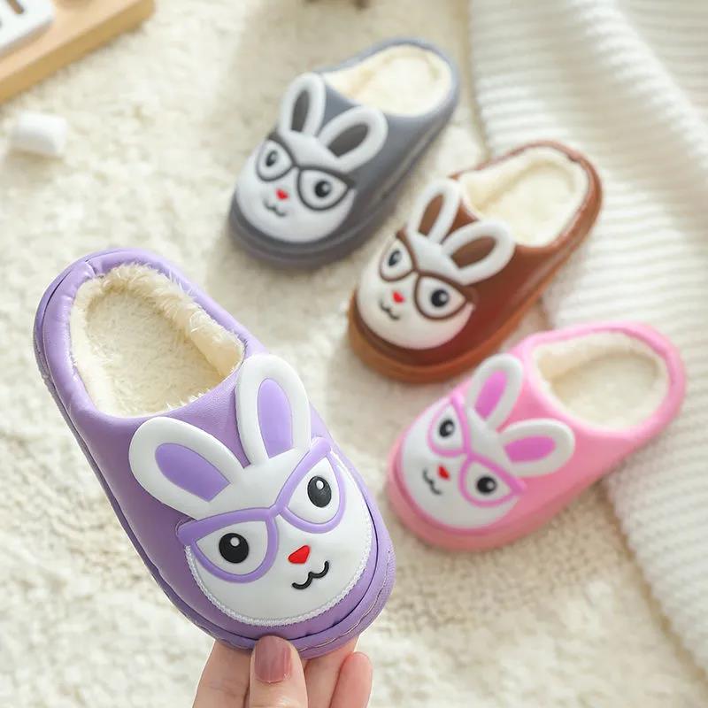 PU Children's Cotton Slippers Boys and Girls Middle and Small Children's Slippers Warm Shoes Winter Non-slip Soft-soled Slippers