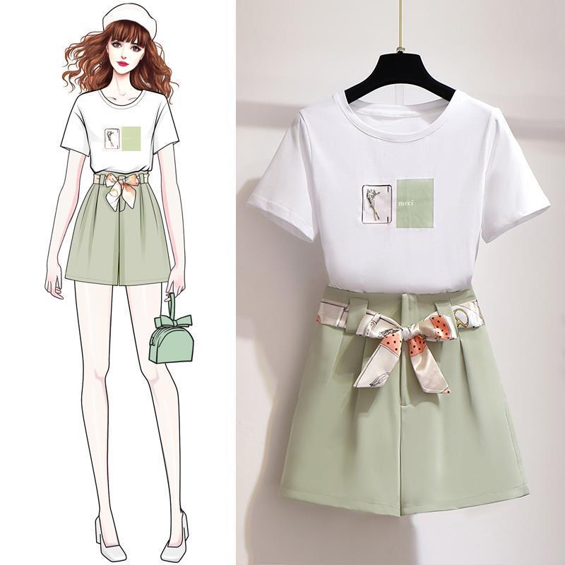 Pofulove Female Shorts Set Print Short Sleeve T-Shirt Wide Leg Shorts Two Piece Set Summer Outfits