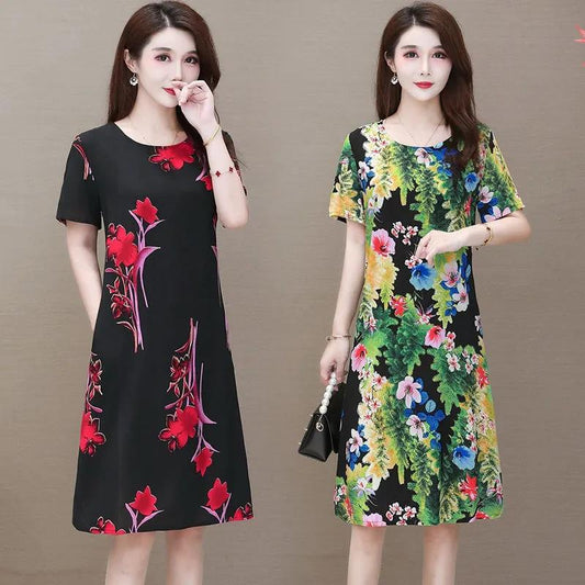 Women's Printed Mid-length Dress Casual Summer Short-sleeved O-neck Thin Cotton Dress Fat Sister Dress Loose Casual Thin Dress Light and Breathable