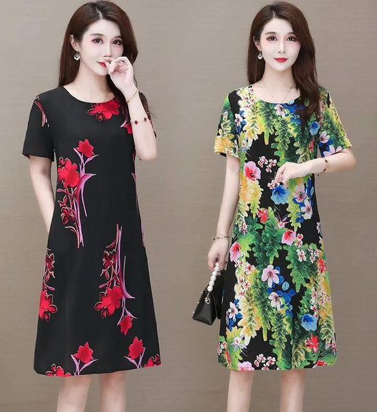 Women's Printed Mid-length Dress Casual Summer Short-sleeved O-neck Thin Cotton Dress Fat Sister Dress Loose Casual Thin Dress Light and Breathable