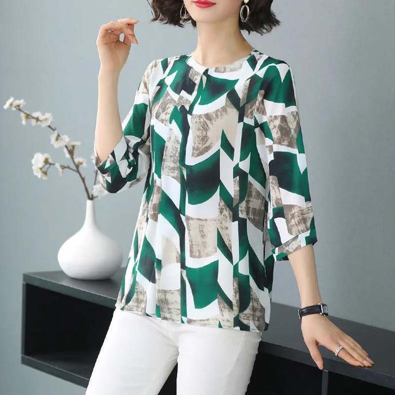 Printed Top Women's Three-quarter Sleeve Spring and Autumn T-shirt Round Neck Loose Top