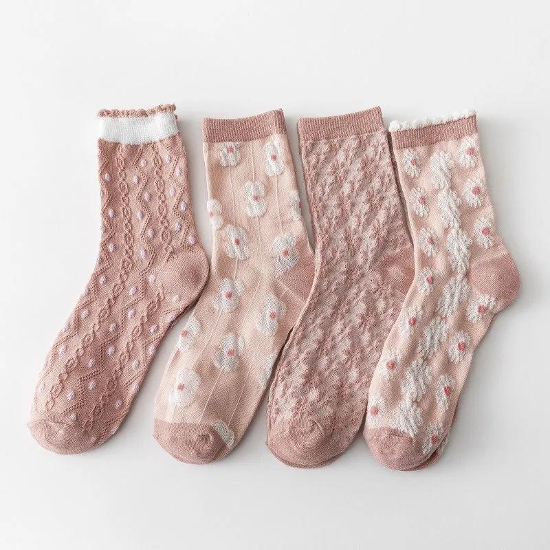 4 Pairs Women's Pink Socks Japanese Sweet Three-dimensional Jacquard Medium High Tube Stocking Spring Autumn Winter Comfortable Elastic Socks