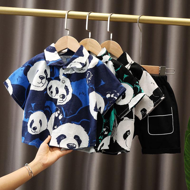 2PCS Children Clothing Set Spring Summer Boy's Printed Panda Shirt Shorts Single Breasted Thin Suits