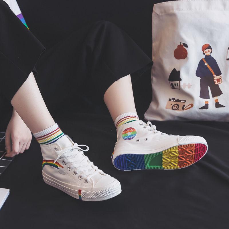 Women's Fashion 2020 Vulcanized Shoes Woman Sneakers New Rainbow Retro Canvas Shoes Flat Fashion Comfortable High Shoes Women