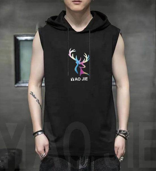 Summer Men's Sleeveless T-shirt Hooded Sports Vest Fitness Large Size Loose Hooded Hip Hop Street Top Trendy T