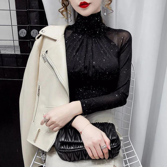 Black Women Half Turtleneck Long Sleeve Pullovers Net yarn Patchwork See Through Slim Tops