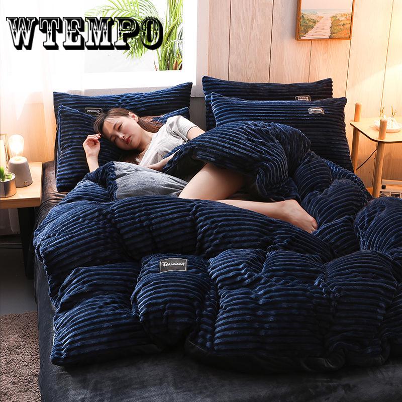 Wtempo Fleece Warm Winter Bedding Bed Duvet Cover Set Flannel Fleece Flat Sheet 4pcs Home Bedclothes