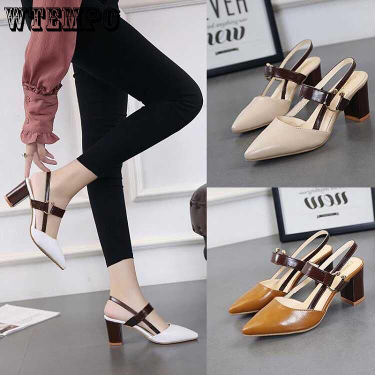 Women Slippers Pointed Toe High Heels Slippers Ladies Fashion Women Pumps Chunky Heel Sandals Shoes