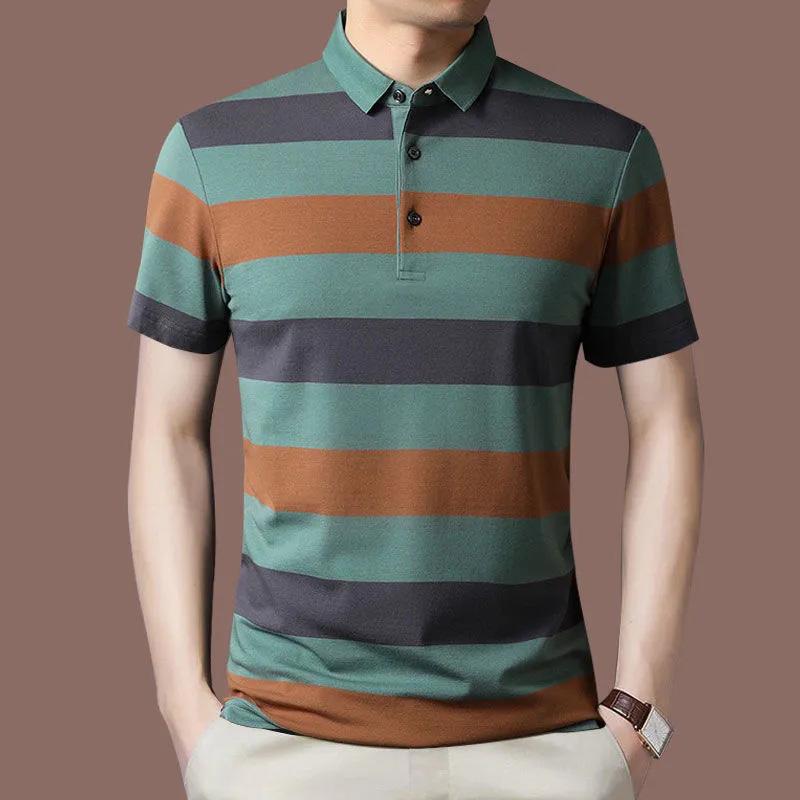 Summer Men's Short-sleeved Lapel T-shirt Striped Sweater Button Polo Shirt Middle-aged Youth Top