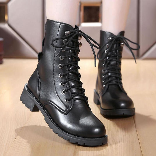 Women High Boots Gothic Shoes Ankle Boots Female Genuine Leather Military Boots Buckle Women Boots