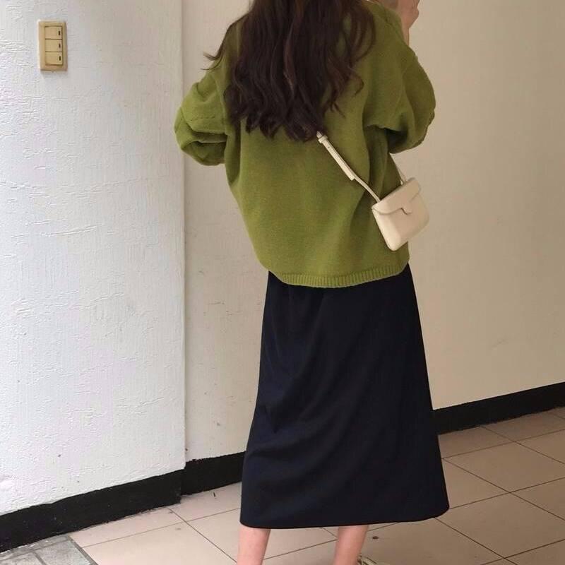 New Korean version of the loose thin long-sleeved avocado green knit sweater cardigan coat female