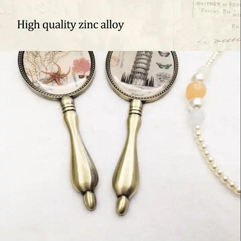 European Style Women Exquisite Oval Mirror Retro Bronze Makeup Mirror with Metal Handle Portable Hand-held Small Mirror