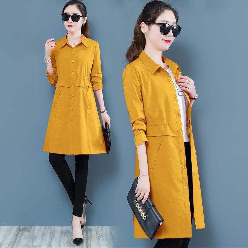 Spring and Autumn Windbreaker Mid-length Single Layer Style Solid Color Slim-fitting Waist Large Size Slimming All-match Jacket Women