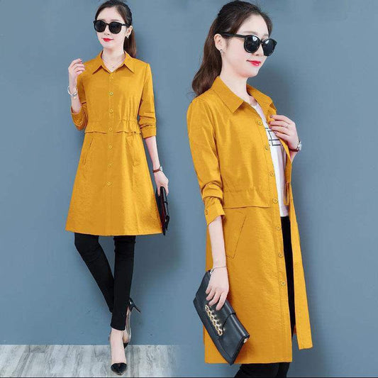 Spring and Autumn Windbreaker Mid-length Single Layer Style Solid Color Slim-fitting Waist Large Size Slimming All-match Jacket Women