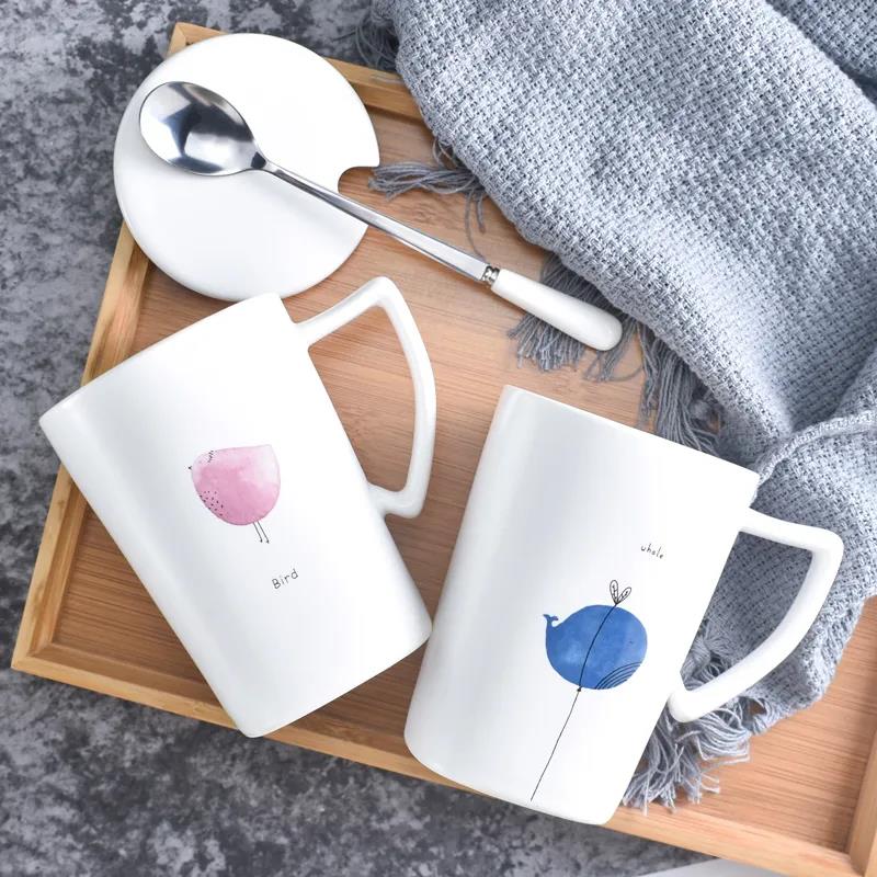 Mugs Gift Female with Lid Spoon Couple Home Student Simple Breakfast Ceramic Coffee Tea Cup Male