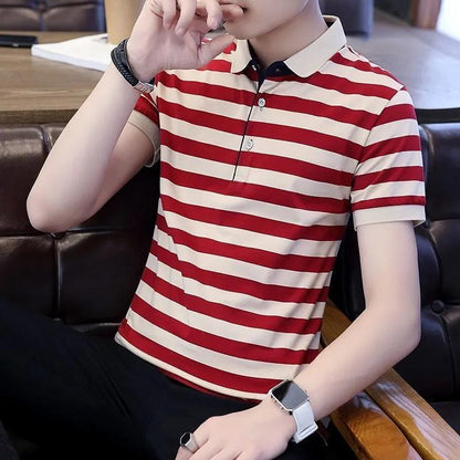 Short-sleeved T-shirt Men's Striped Bottoming Shirt Summer Lapel Trend Men's Half-sleeved T-shirt