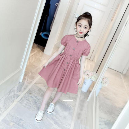 Children Dress Spring Summer O-neck Kids Clothing  Baby Girls Clothing Button Pockets Short Sleeve Dress Girl