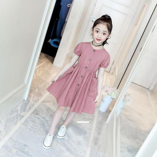 Children Dress Spring Summer O-neck Kids Clothing  Baby Girls Clothing Button Pockets Short Sleeve Dress Girl