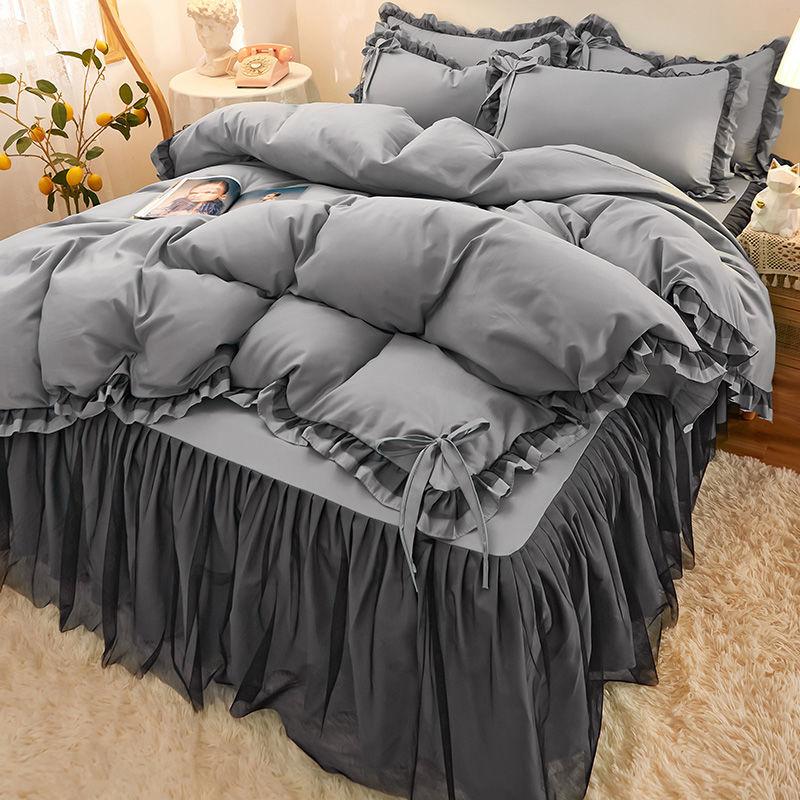 Korean Brushed Bed Skirt Bowknot Four-piece Princess Style Bed Cover Thick Non-slip Lace Bedding