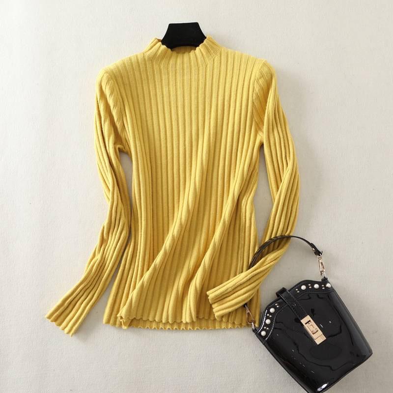 Turtleneck Knitted Sweater Lady Solid Slim Pullovers Casual Long Sleeve Striped Elasticity Pullover