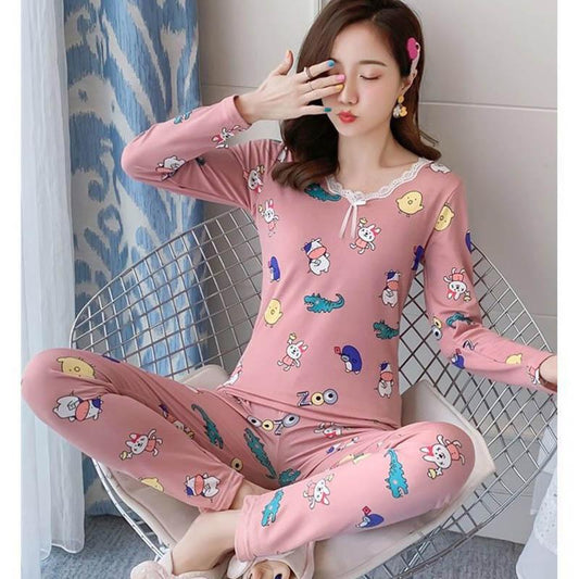 V-neck Thermal Underwear Ladies Autumn Clothes Long Pants Suit Plus Velvet Thermal Underwear Cartoon Home Service