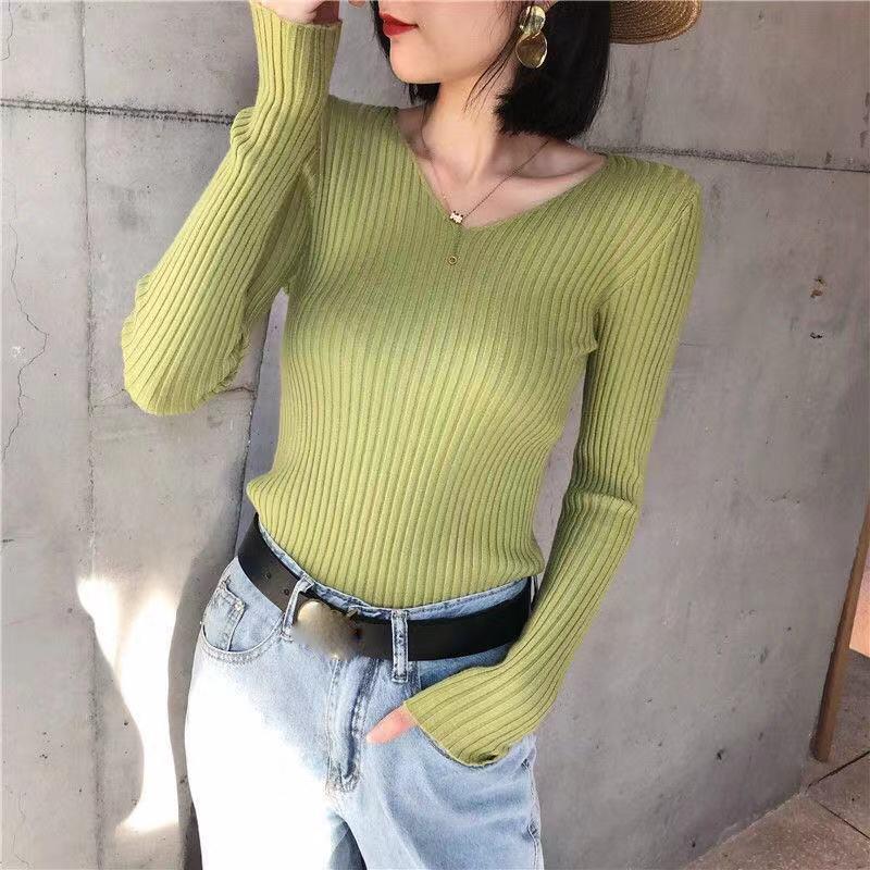 Sweater Women's Autumn and Winter V-neck Tight-fitting Thin Inner Base Shirt Avocado Green Knit Sweater Top Slim Slimming