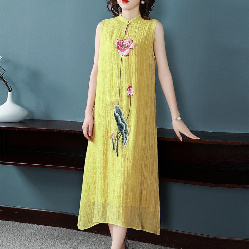 Temperament Embroidery Noble Cheongsam Sleeveless Vest Chiffon Dress 2021 Summer