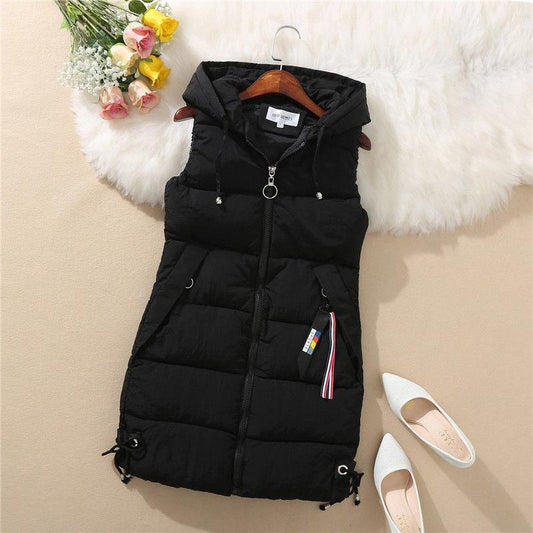 Autumn and Winter Self-cultivation All-match Vest Mid-length Hooded Casual Jacket Fashion Simple Female Down Cotton Vest