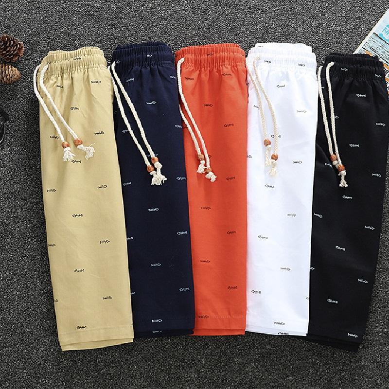 Pure cotton breathable five-point shorts men's summer casual sports shorts outside wearing fish bone print solid color beach pants