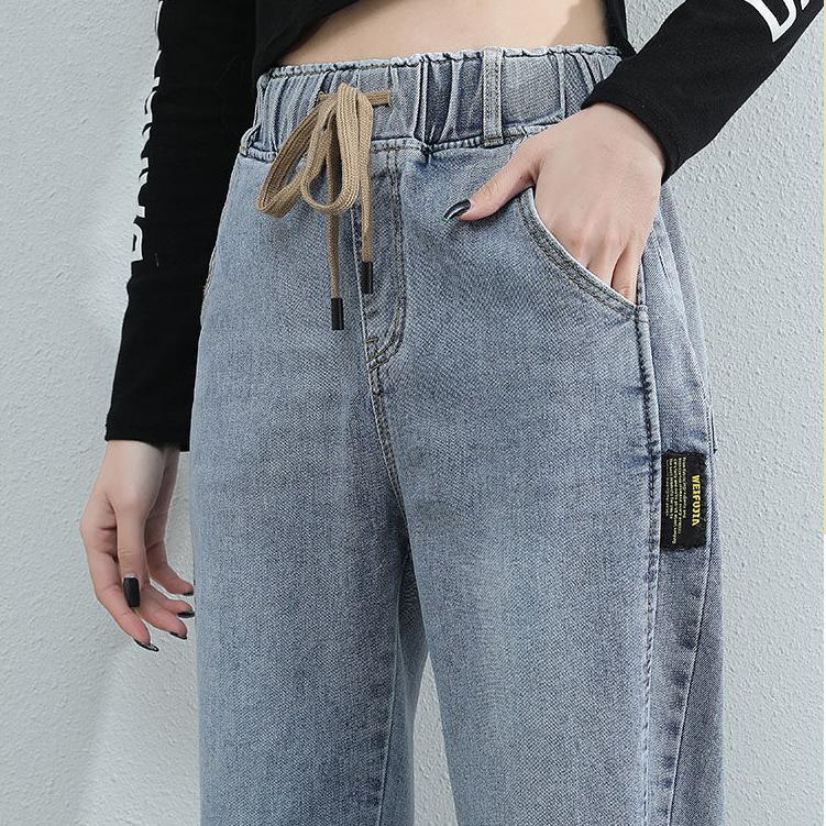 Women Spring and Autumn Large Size Streetwear Cropped Jeans Loose Solid Color High Waist Elastic Casual Jeans