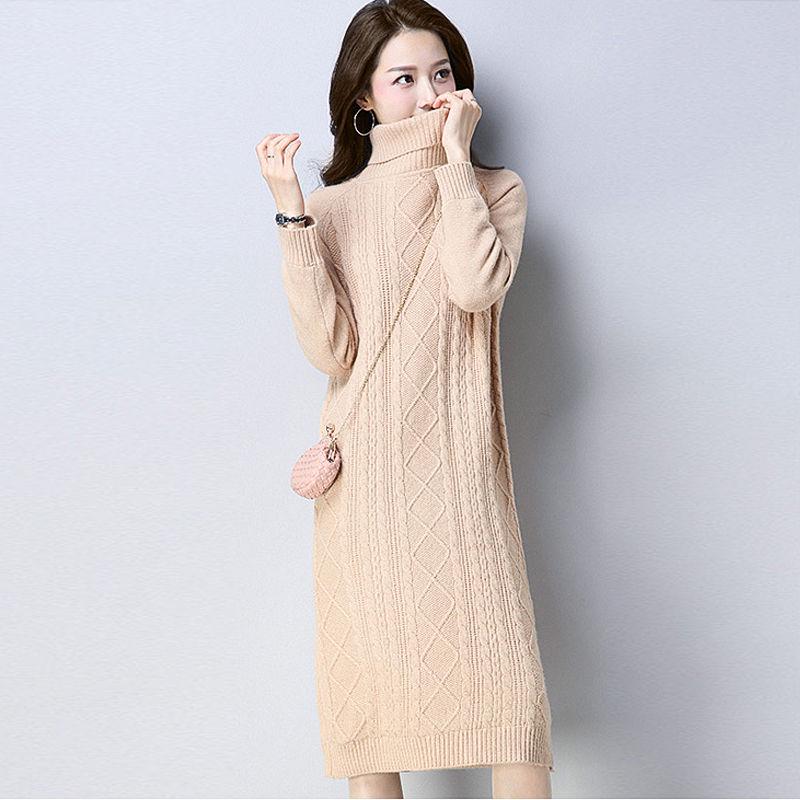 Women dress fall winter pure color Knitted Sweater Dress Long Sleeve casual ladies Pullover dresses