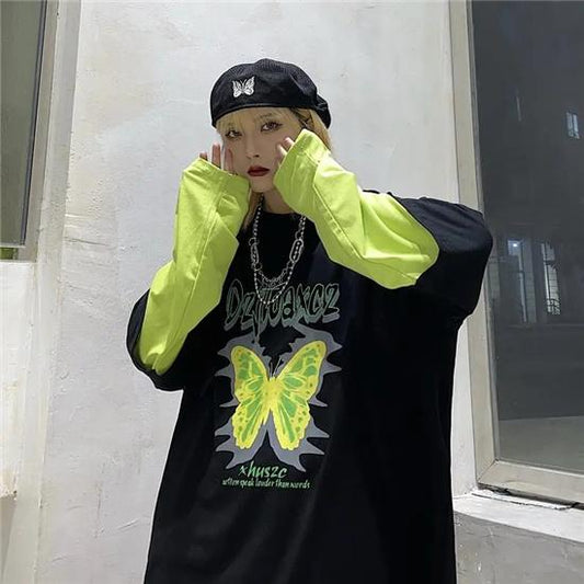 Oversized Loose Long T Harajuku Fake Two-piece Long Sleeve T-shirt Personality Trend Butterfly Long T Punk Harlan Style Clothing