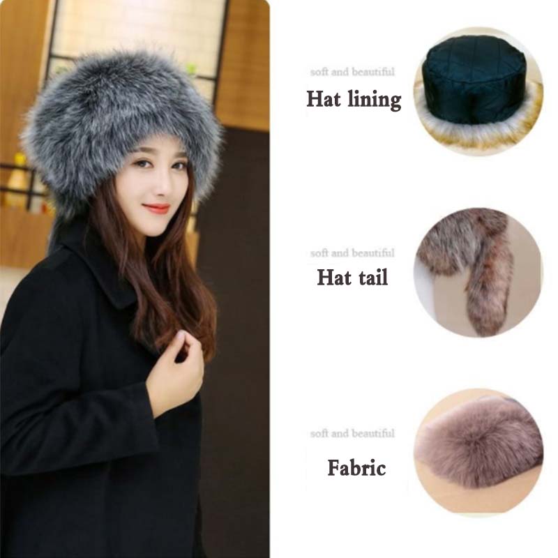 Faux Fox Fur Round Flat Top Faux Fur Hat Thick Autumn and Winter Fur Russian Mongolian Hat Warm Tail Hat