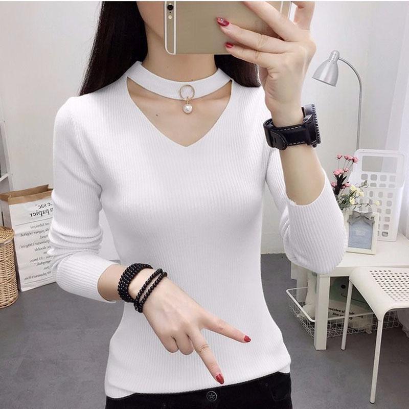 Autumn and Winter Long-sleeved Sweater V-neck Top Slim Pullover Women's Bottoming Shirt