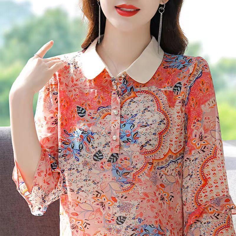 Floral Chiffon Shirt Women's Spring and Summer Western Style Polo Shirt All-match Blouse Three-quarter Sleeve Top