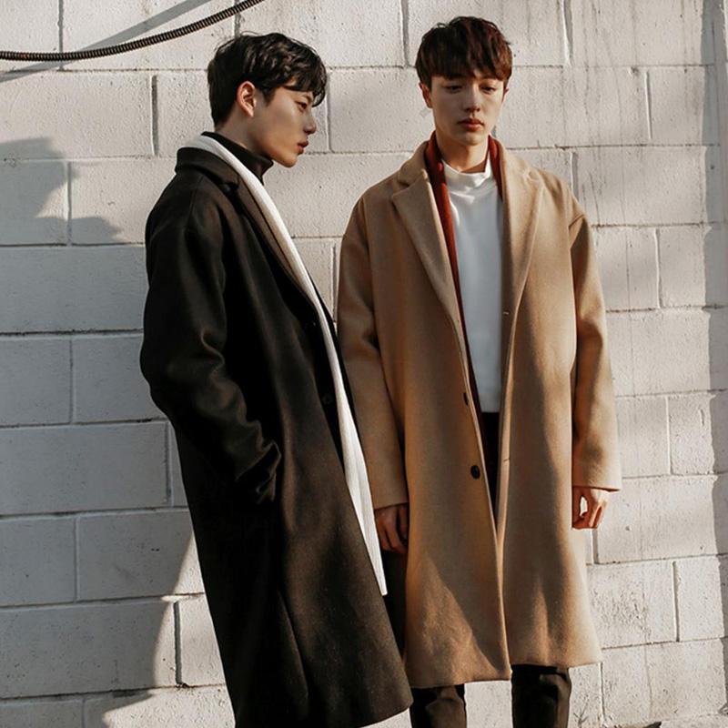 Spring and Autumn Woolen Coat Men's Korean Version Over The Knee Mid-length Men's Windbreaker Loose Double-layer Woolen Coat Trend