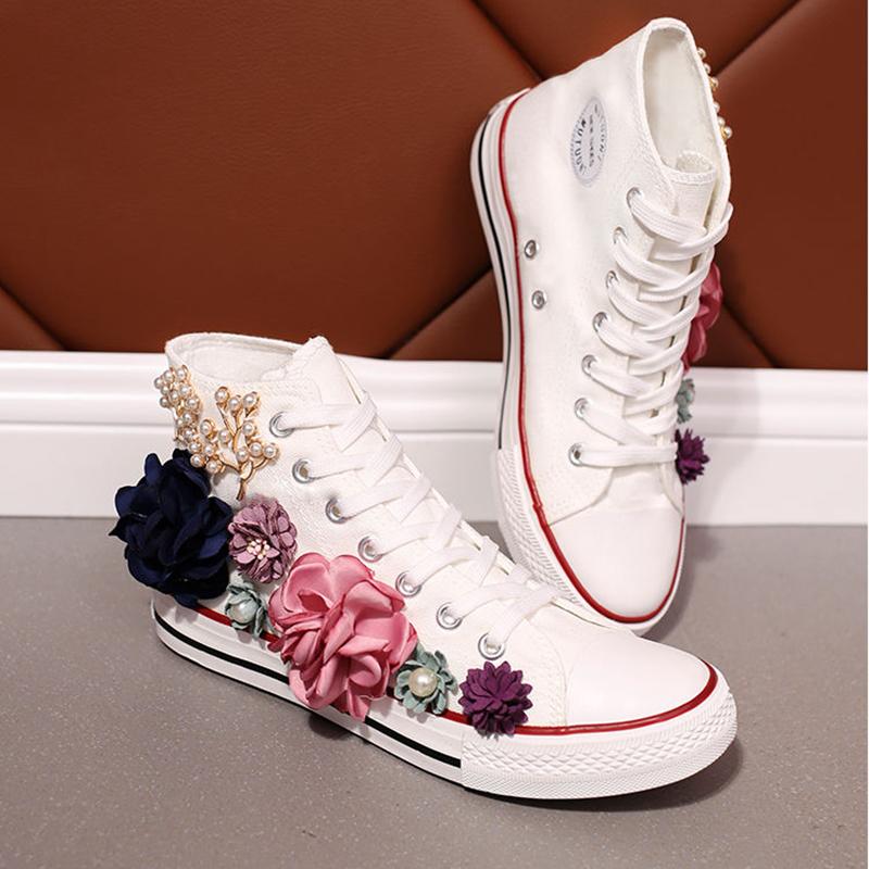 Popular Canvas Shoes Small White Shoes Women's High-top Handmade Custom Three-dimensional Flower Pearl Flat Casual Student Shoes