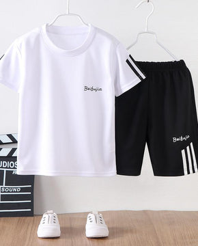 Kids Boys Summer Sweatshirts Short Sleeve T-Shirt Shorts Comfortable Cool Loose Casual Suit Striped Decorative Sports 2 Piece Set