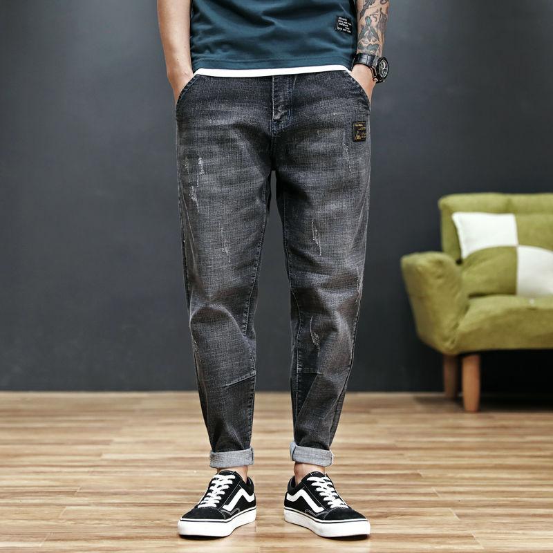 Spring and Autumn Men's Denim Harem Pants Fashion Cropped Pants Loose Large Size Elastic Feet Casual Wear