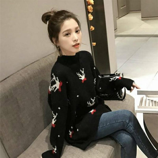 Pofulove Red Half Turtleneck Sweater Lovely Elk Christmas Loose Sweater Long-sleeved Autumn Winter