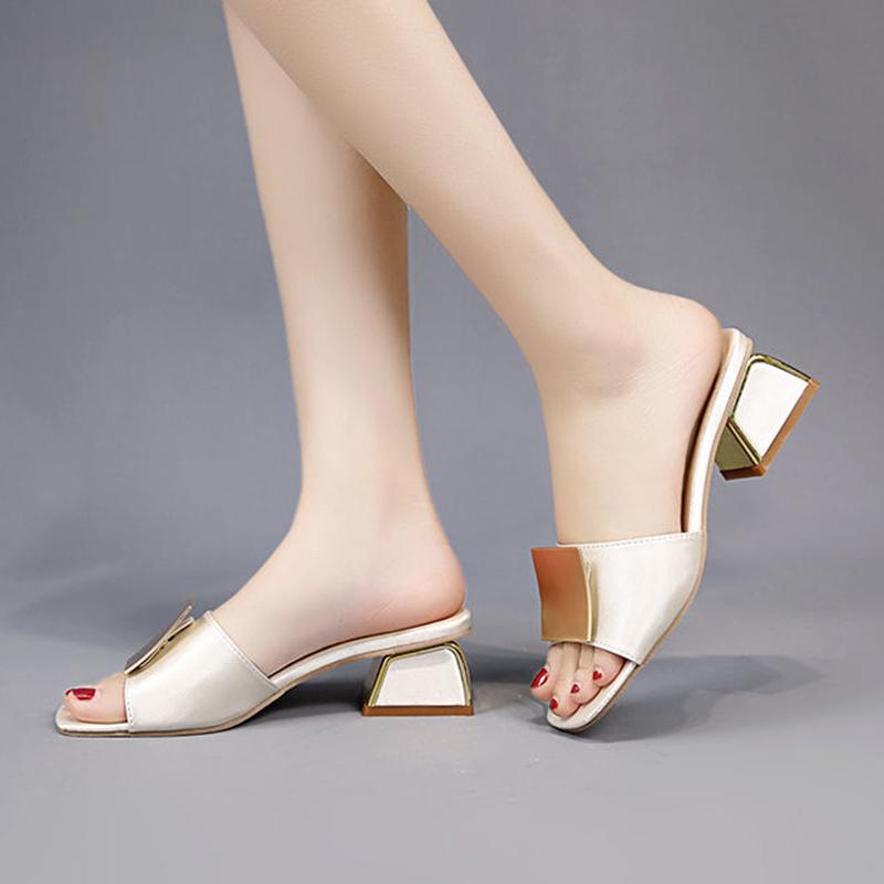 Slippers Women Are Thin Korean Version of All-match Summer Outer Wear Thick Heel Square Buckle Open Toe High Heel Sandals and Slippers