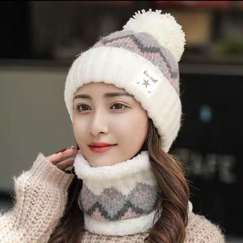 Hat Women's Autumn and Winter Plus Velvet Warm Knit Hat Warm Scarf Ladies Biking Ear Protection Warm All-match Woolen Hat