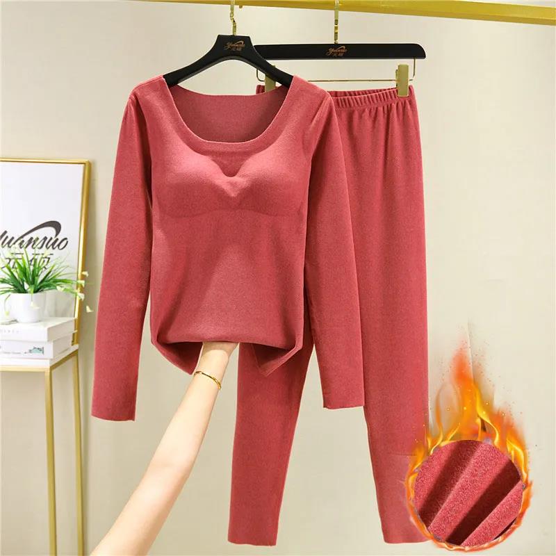 All-in-one Thermal Underwear Set with Chest Pad Two-piece Female Autumn Winter Plus Velvet Self-heating Bottoming Shirt