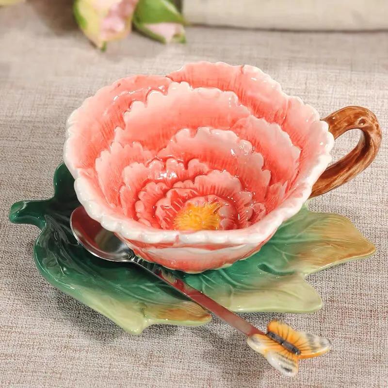 European Style Light Luxury Practical Ceramic Peony Flower Coffee Cup and Saucer Set with Spoon Three-piece Teacup Flower Teacup Modern Chinese Style