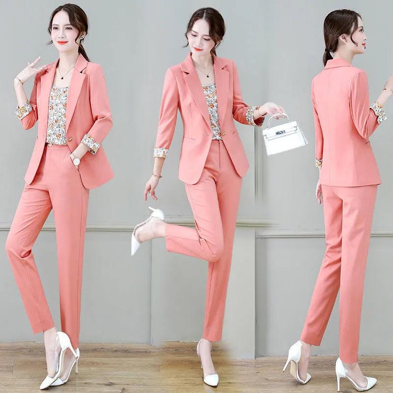 3PCS Women's Suit Three-piece Suit Spring and Autumn Casual Jacket + Floral Vest + Straight Trousers Professional Suit Ladies Thin Solid Color Suit