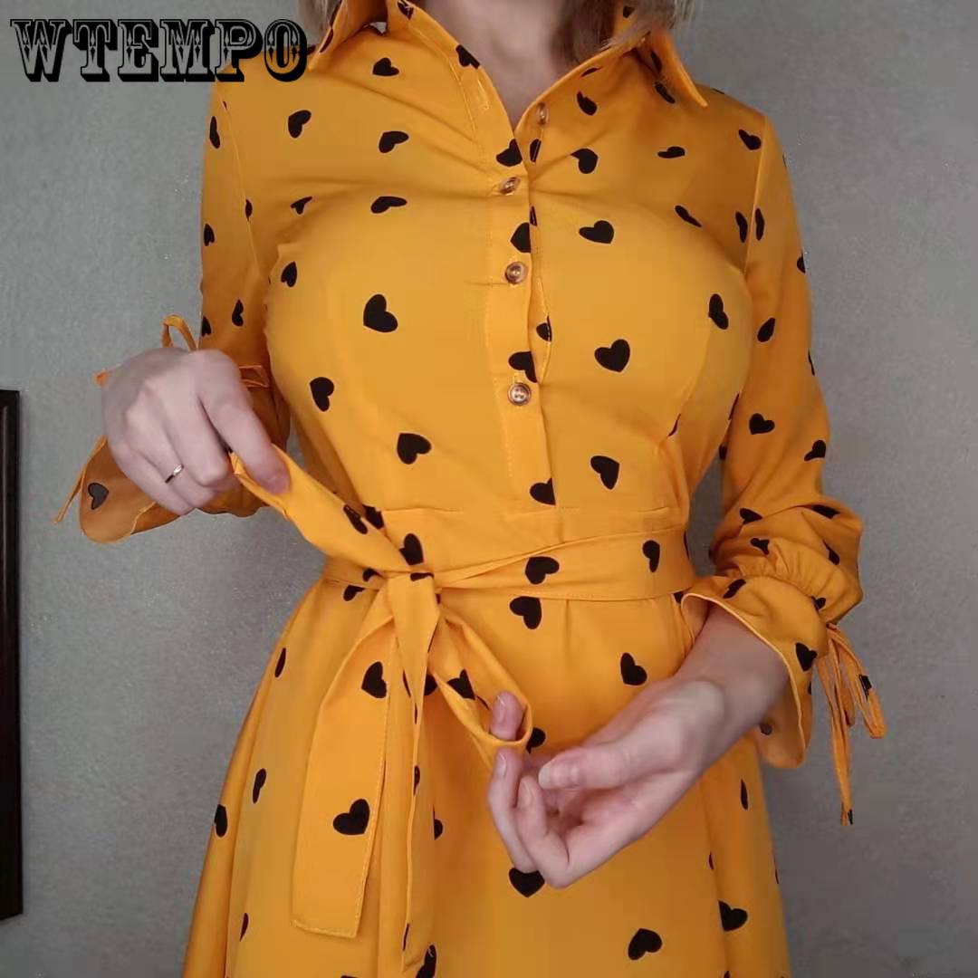 Spring  Autumn Women Heart Printed Long Sleeve Shirt Dress OL Style Knee-length  A-line Dress Plus Size M-5XL