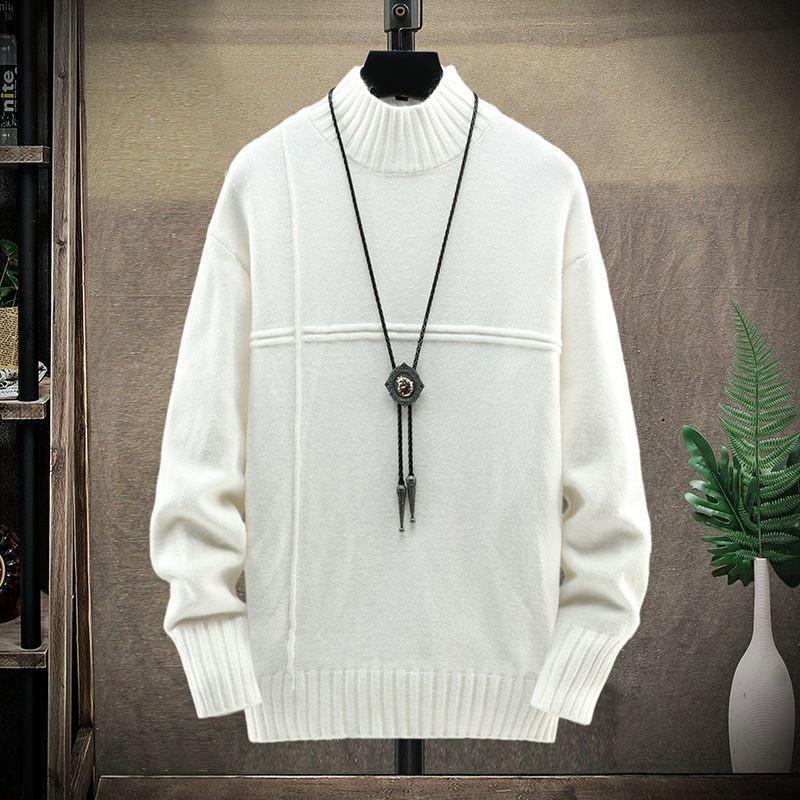 Men's Sweater Half Turtleneck Plus Fleece Thickening Autumn and Winter Youth Slim Trend Pullover Sweater